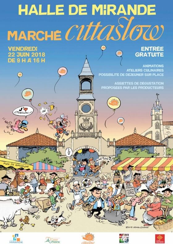 Affiche du marché Cittaslow à Mirande, Station Verte du Gers, ce vendredi 22 juin lors des Rencontres Internationales Cittaslow