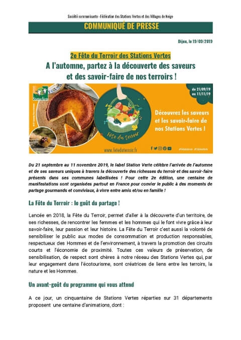 Communiqué de presse & Dossier de presse 2e Fête du Terroir des Stations Vertes du 21 septembre au 11 novembre 2019