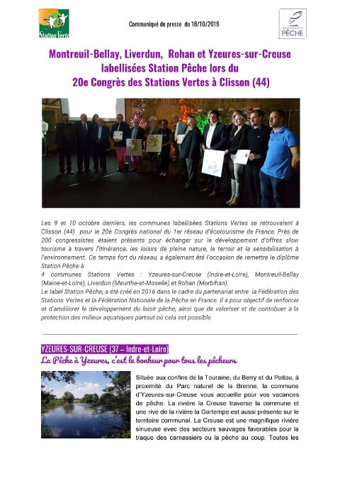 Communiqué de presse Montreuil-Bellay, Liverdun,  Rohan et Yzeures-sur-Creuse labellisées Station Pêche lors du  20e Congrès des Stations Vertes à Clisson (44)