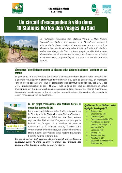 Communiqué de presse « Un circuit d'escapades à vélo dans 10 Stations Vertes des Vosges du Sud »